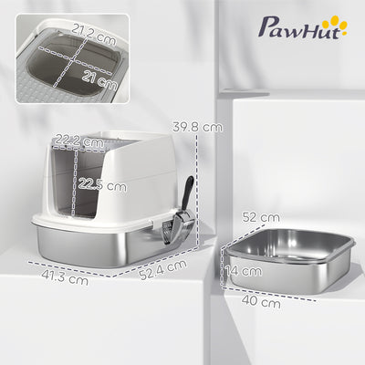 PawHut Large Stainless Steel Litter Box, Enclosed Metal Cat Litter Tray with Scoop, Deodoriser Bag, Front-Entry and Top-Exit 
