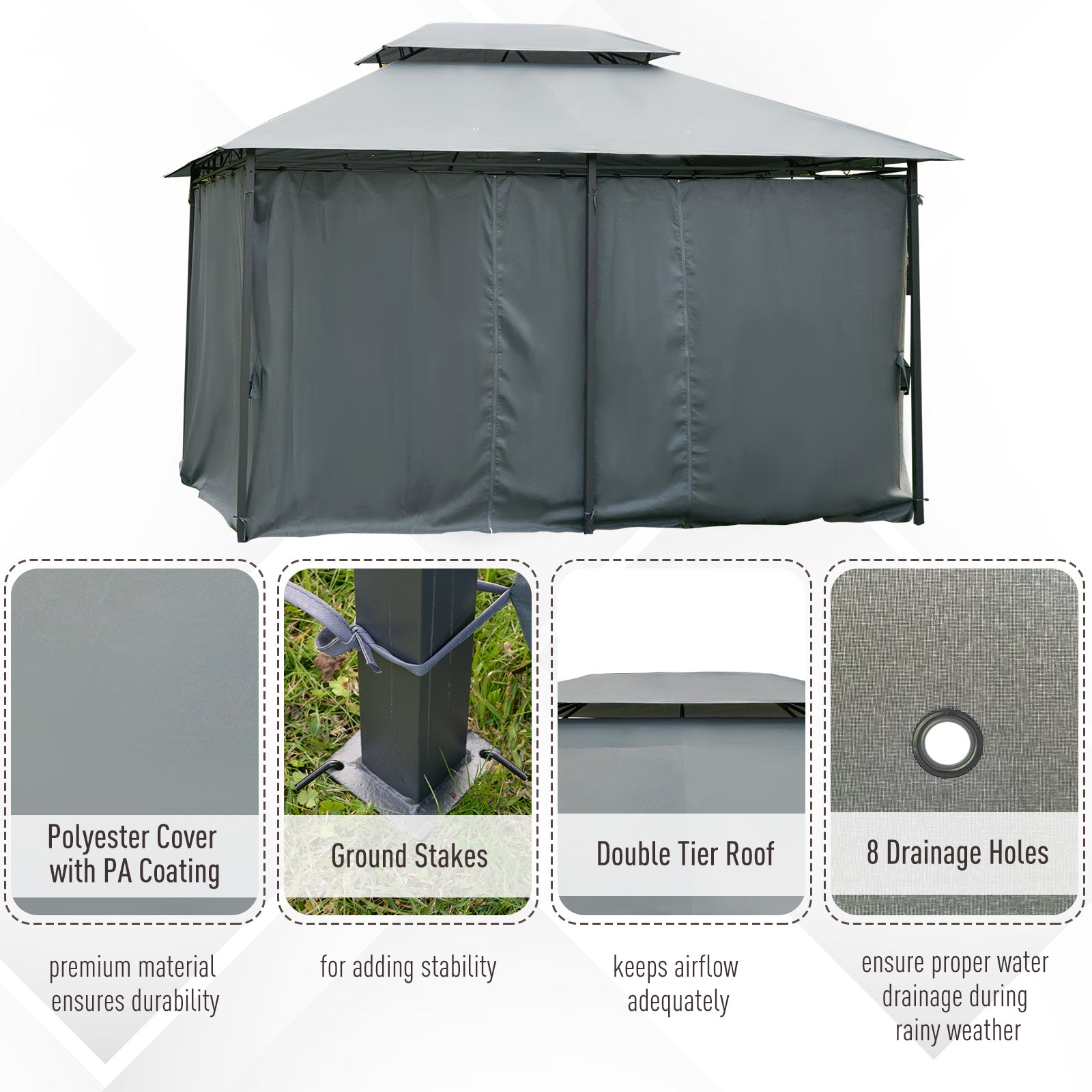 Outsunny 4m x 3(m)Garden Gazebo, Double Roof Outdoor Gazebo Canopy Shelter with Curtains, Solid Steel Frame for Lawn and Deck, Grey 