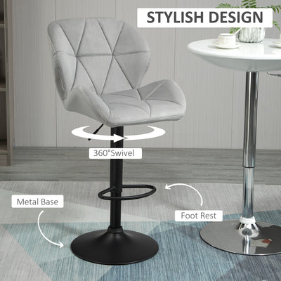 HOMCOM Adjustable Bar Stools Set of 2, Armless Upholstered Swivel Counter Chairs, Barstools with Back, Footrest, Light Grey 