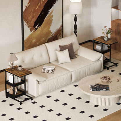 HOMCOM Mobile Sofa Side Table Set of 2, Industrial C-Shaped Rolling Couch Table with 3-Tier Storage Shelving Four Lockable Wheels Steel Frame, Dark Brown