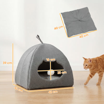 PawHut Cat Cave Bed for Indoor Kittens, Cat House with Removable Cushion and Teaser Ball, Kitty Igloo with Anti-Slip Base, 42 x 42 x 39 cm, Grey 