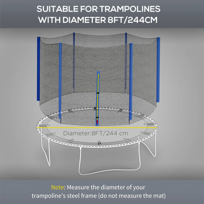 SPORTNOW 8ft Trampoline Net Replacement with 6 Plastic Pole Covers, Weather-Resistant Trampoline Netting Replacement with Zipped Entrance, Poles Not Included, Blue 