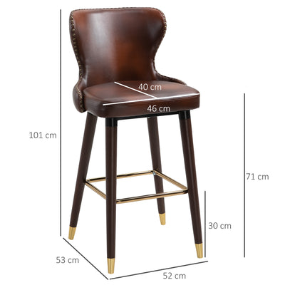 HOMCOM Bar Stools Set of 2, PU Leather Vintage Counter-Height Bar Chair, Luxury European Style Kitchen Stools with Back, Brown 