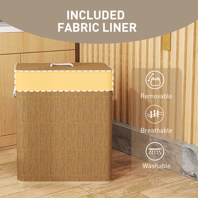 HOMCOM Double Laundry Basket with Lid, 100L Bamboo Laundry Hamper with Rope Handles, Washing Basket with Removable Liner for Bathroom, Bedroom, Brown 