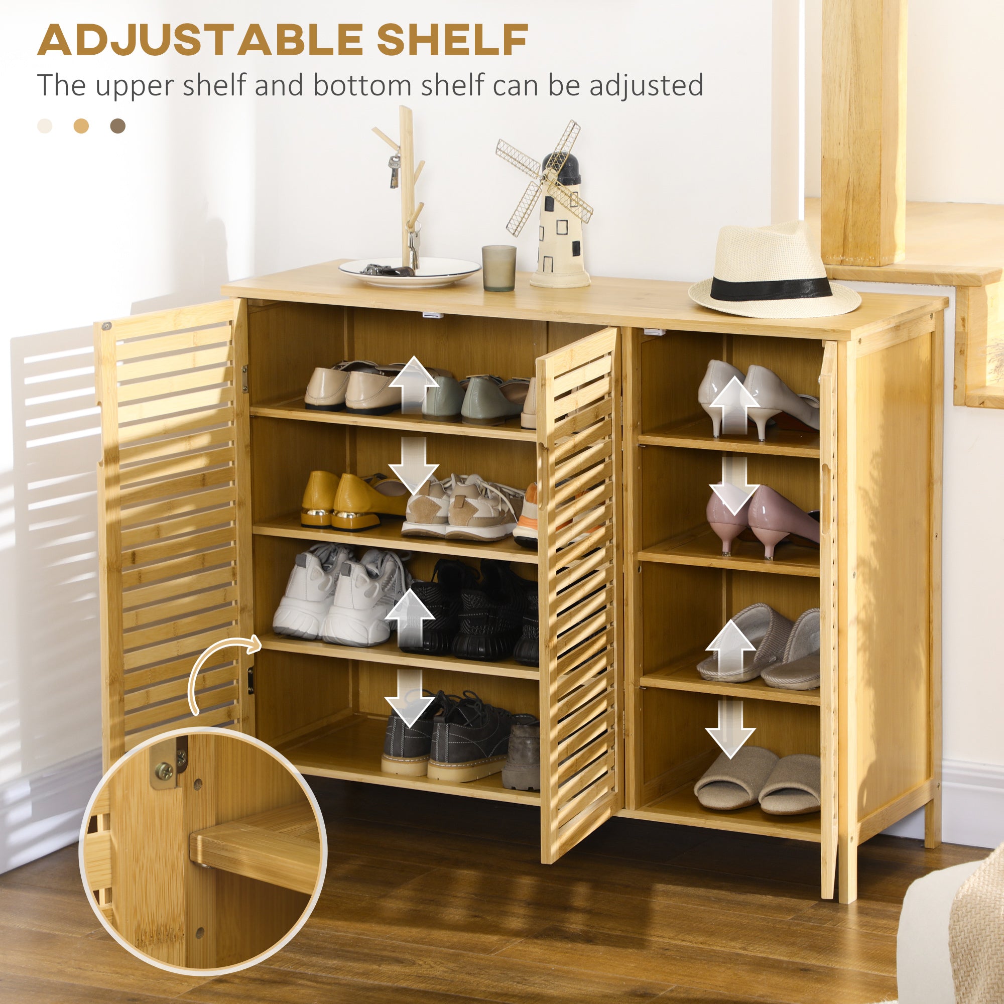 HOMCOM Rustic Shoe Cabinet, 3 Door Shoe Storage Cabinet with 8 Shelves, Natural Wood Finish 