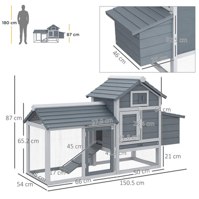 PawHut Small Chicken Coop with Run Hen House Poultry Coops Cages Nesting Box Grey 150.5 x 54 x 87cm 