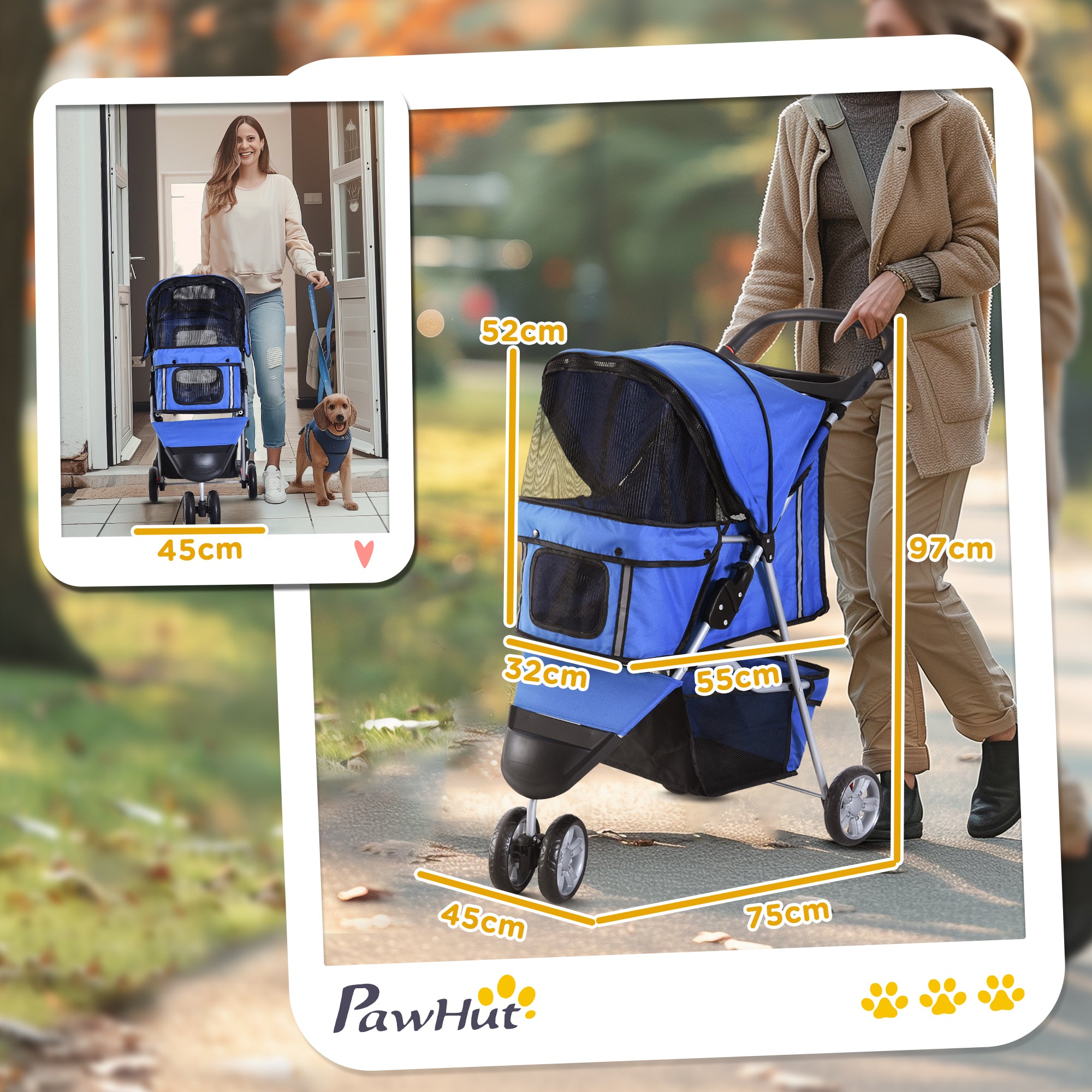 PawHut Dog Stroller, 3 Wheels Foldable Cat Dog Pram with Cup Holder, Storage Basket, Pet Stroller for Small Miniature Dogs, Blue 