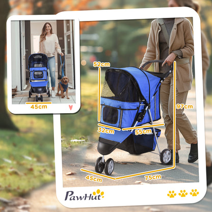 PawHut Dog Stroller, 3 Wheels Foldable Cat Dog Pram with Cup Holder, Storage Basket, Pet Stroller for Small Miniature Dogs, Blue 