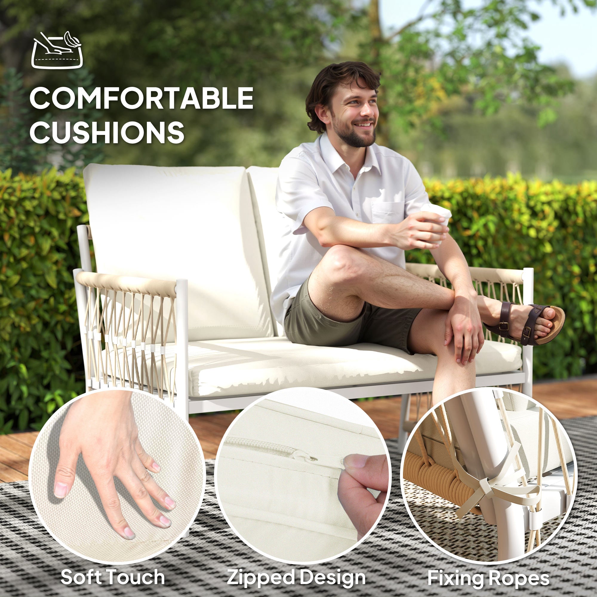Outsunny 4 Piece Rattan Garden Furniture Set, 4 Seater Wicker Patio Conversation Set with 2 Armchairs, Loveseat, Glass Top Coffee Table and Cushions for Outdoor, Balcony, Khaki 