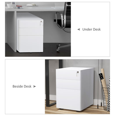 Vinsetto Lockable Cabinet, Rolling Filing Cabinet with 3 Drawers, Steel Office Drawer Unit for A4, Letter, Legal Sized Files 