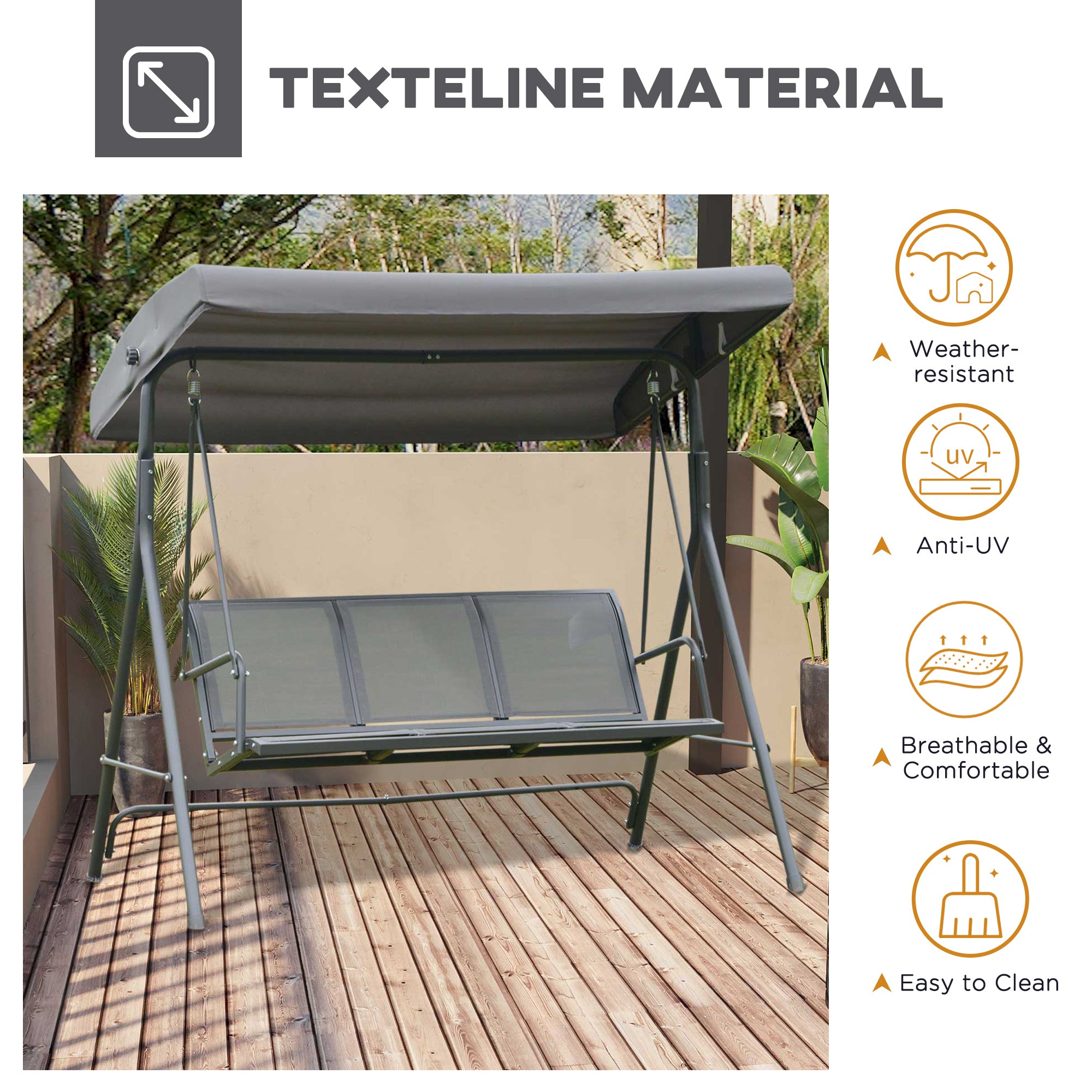 Outsunny 3 Seater Swing Chair, Garden Swing Bench with Canopy, Breathable Mesh Seat and Heavy Duty Steel Frame for Patio, Yard, Grey 