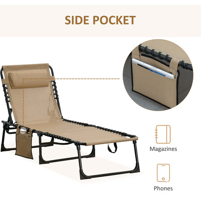 Outsunny Portable Sun Lounger, Folding Camping Bed Cot, Reclining Lounge Chair 5-position Adjustable Backrest with Side Pocket, Pillow for Patio Garden Beach Pool, Beige 