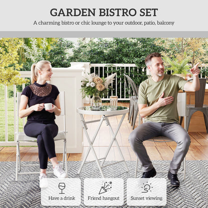 Outsunny 3 Pieces Outdoor Bistro Set, Glass Top Outdoor Table and 2 Folding Chairs with Protecting Feet, White 