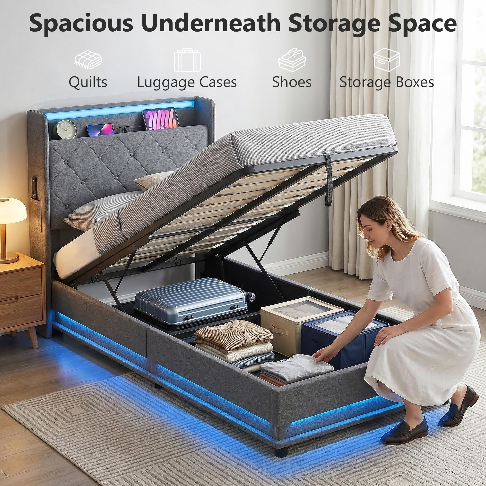HOMCOM 3ft Single Bed Frame with Headboard, Platform Bed Frame with Hydraulic Storage, LED Lights and Charging Station, Grey 