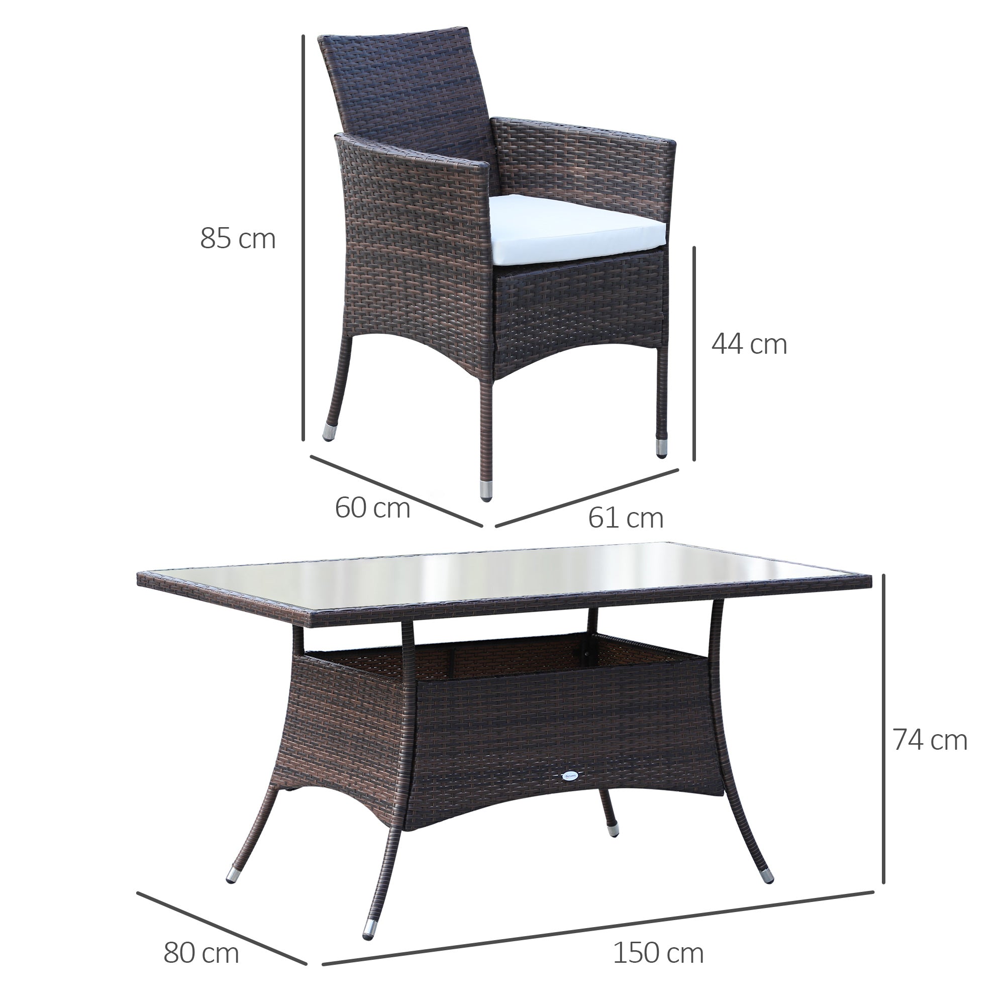 Outsunny 6 Seater Rattan Dining Set with Cushions, Rattan Garden Furniture Set with 6 Armchairs, Rectangular Glass Top Table, Outdoor Dining Table and Chairs, Brown 
