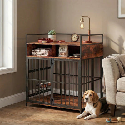 PawHut Dog Crate Furniture, Dog Cage with Rotatable Feeding Station and Storage Shelves, End Side Table Indoor Pet Kenne 