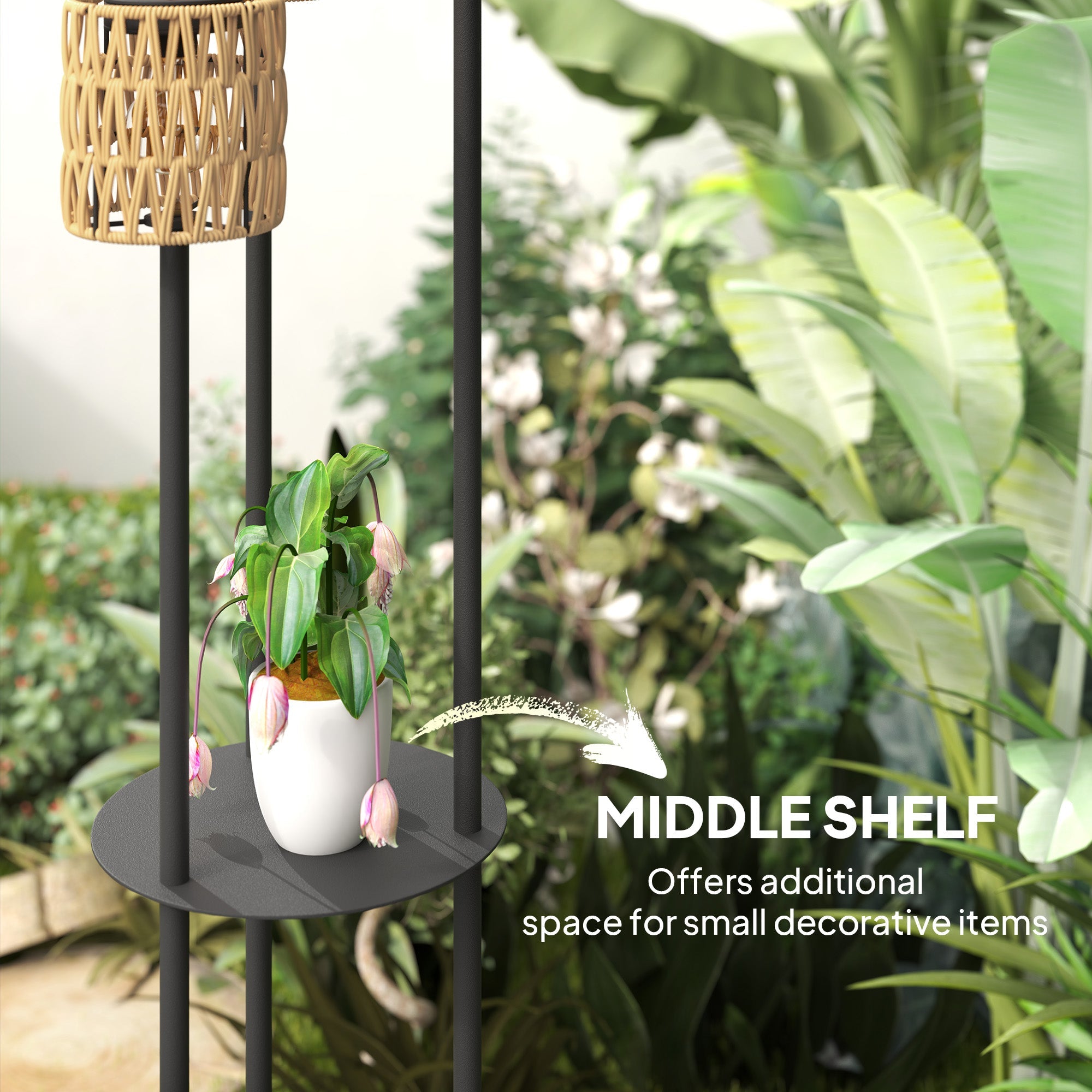 Outsunny Boho Rattan Floor Lamp, 3-Lights Rattan Lamp with Shelf, Freestanding Solar Garden Light with Auto On/Off Lights, IP44 Waterproof for Porch, Pathway, Deck, Yellow 