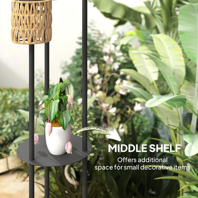 Outsunny Boho Rattan Floor Lamp, 3-Lights Rattan Lamp with Shelf, Freestanding Solar Garden Light with Auto On/Off Lights, IP44 Waterproof for Porch, Pathway, Deck, Yellow 
