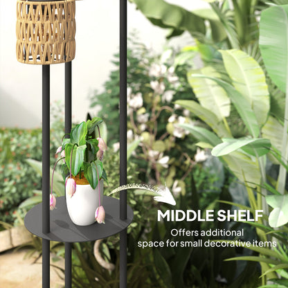 Outsunny Boho Rattan Floor Lamp, 3-Lights Rattan Lamp with Shelf, Freestanding Solar Garden Light with Auto On/Off Lights, IP44 Waterproof for Porch, Pathway, Deck, Yellow 