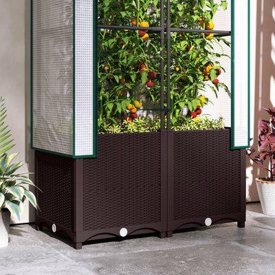 Outsunny Raised Garden Bed with Trellis, Plastic Planter Box with Drainage Holes and Drain Plugs for Climbing Plants, Vegetables, Flowers, 80 x 40 x 140 cm 