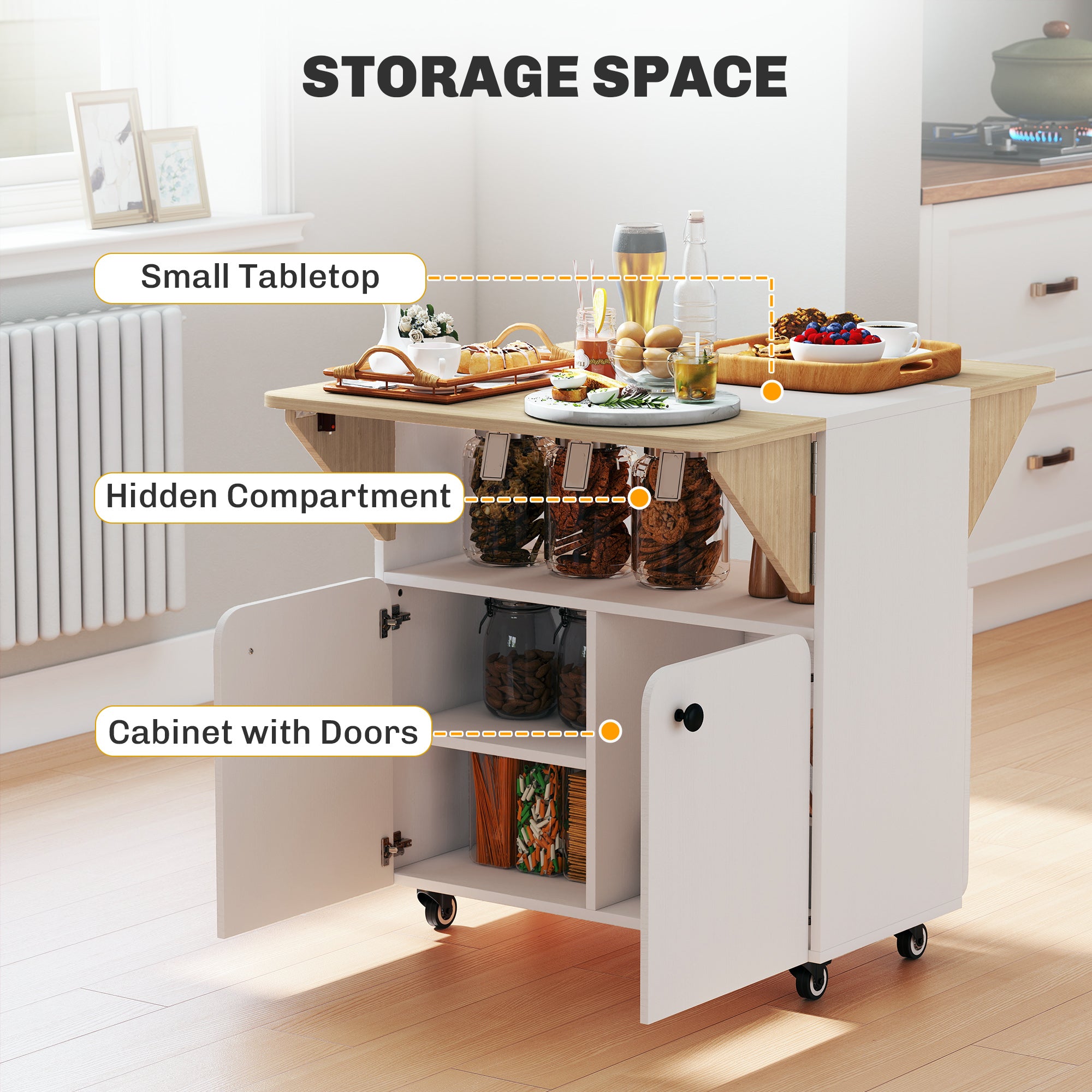 HOMCOM Folding Dining Table, Rolling Drop Leaf Table with Hidden Shelf & Cabinet for Dining Room, Small Spaces, White 