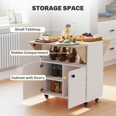 HOMCOM Folding Dining Table, Rolling Drop Leaf Table with Hidden Shelf & Cabinet for Dining Room, Small Spaces, White 