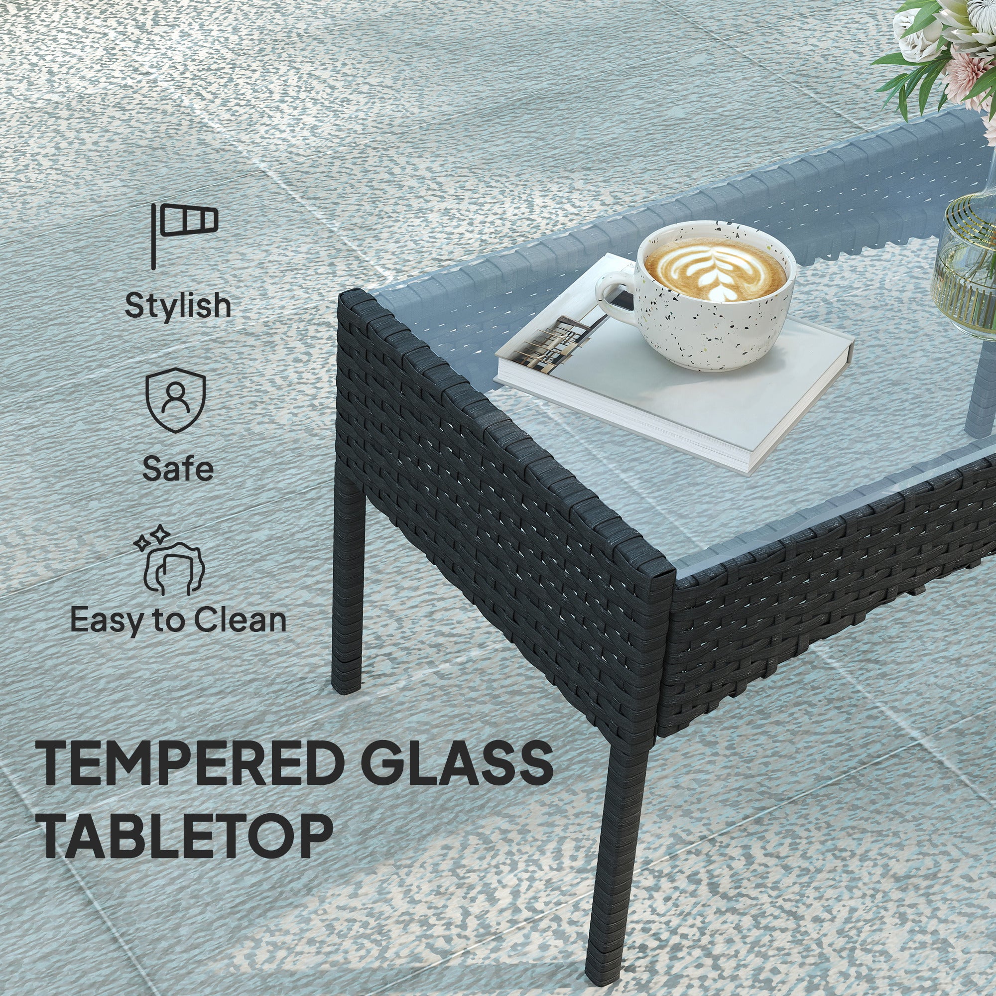 Outsunny 4 Piece Rattan Garden Furniture Sofa Set with Loveseat, Armchairs, Glass-Top Coffee Table and Cushions, Black 