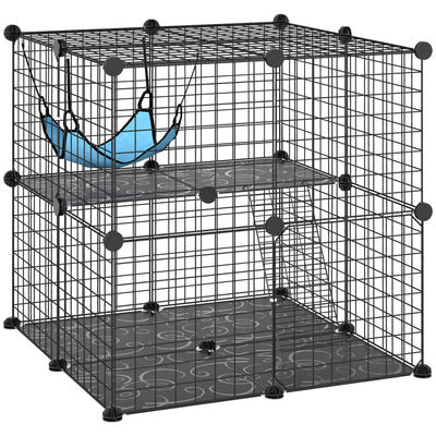 PawHut Indoor Cat Cage DIY Customizable 2-Tier Indoor Cat Enclosure with 2 Doors and Hammock 70 cm Black 