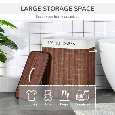 HOMCOM 100L Laundry Basket with Lid String Handles, 2 Section Collapsible Hamper Removable Lining Foldable Water-Resistant Dirty Clothes Storage, Brown 