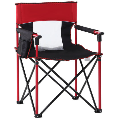 Outsunny Folding Fishing Camping Chair Portable Picnic Armchair Director Seat Oxford Metal Frame with Cup Holder, Phone Pocket - Red 