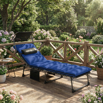 Outsunny Folding Sun Lounger with Canopy, Reclining Sunbed with Cushion, Side Pocket, Carrying Handle, Dark Blue 