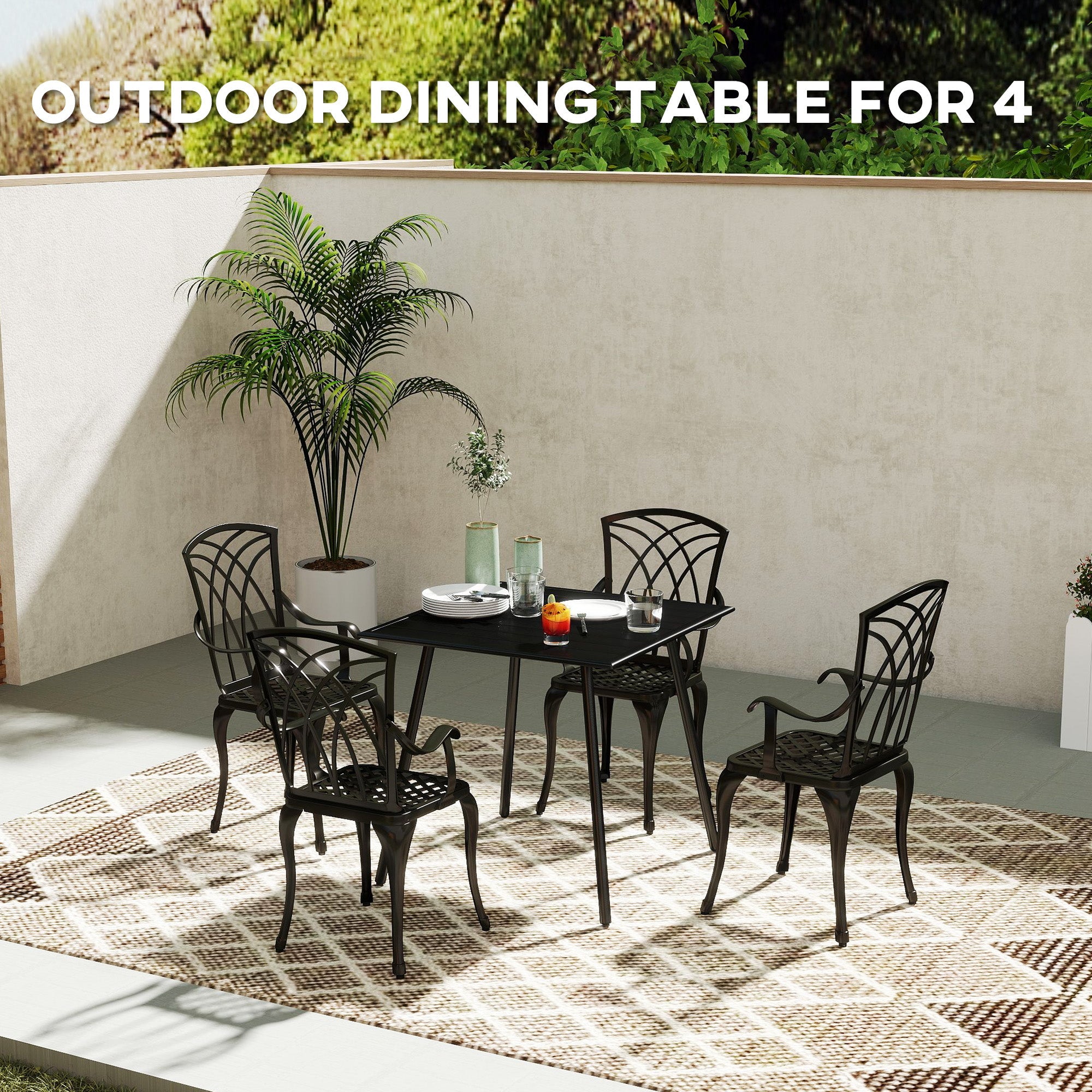 Outsunny Square Garden Table with Slat Top, Steel Frame, Outdoor Table for 4 Person, 80 x 80 x 74 cm, Black 