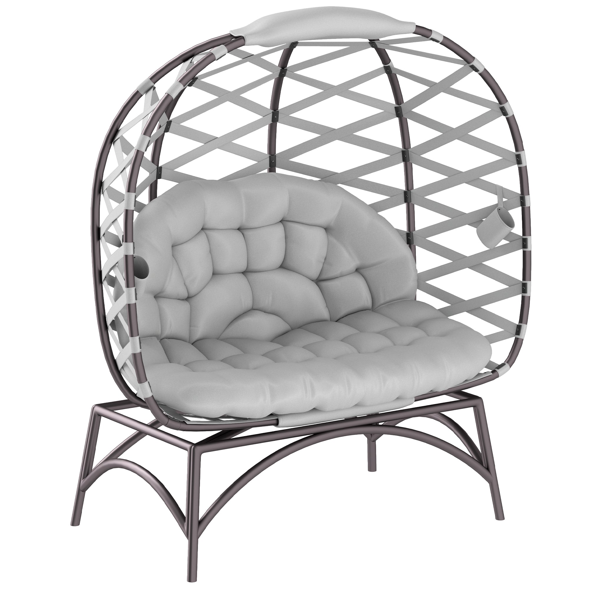 Outsunny 2 Seater Egg Chair Outdoor, Folding Weave Garden Furniture Chair with Cushion, Cup Pockets - Light Grey 