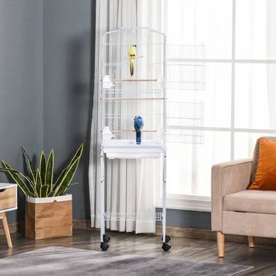 PawHut Bird Cage Budgie Cages for Finch Canary Parakeet with Stand Wheels Slide-out Tray Accessories Storage Shelf, White 46.5 x 36 x 157 cm 