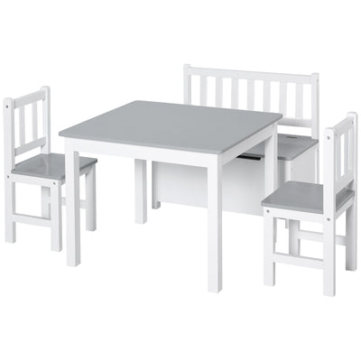 HOMCOM 4-Piece Kids Table and Chair Set with 2 Wooden Chairs, 1 Storage Bench, and Interesting Modern Design, Grey/White 