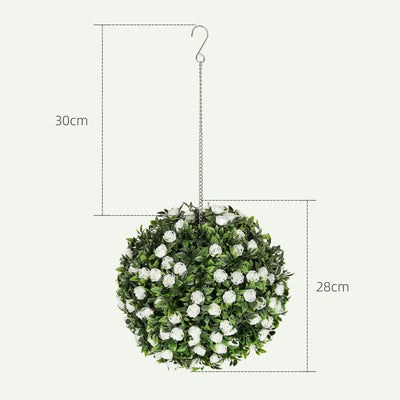 HOMCOM Set of 2 Decorative Artificial Plants, UV-protected Artificial Plant Topiary Rose Balls, Fake Plants for Home Indoor outdoor Decor, 28cm, White 