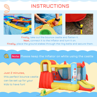 Outsunny Bounce Castle Inflatable Trampoline Slide Pool Rocket Design 3.4 x 2.8 x 1.85m 