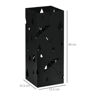 HOMCOM Steel Umbrella Stand, Square Umbrella Holder with 4 Hooks and Removable Drip Tray, Hollowed Umbrella Basket for Hallway, Black 