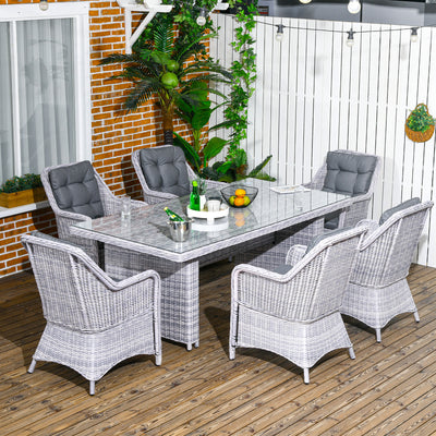 Outsunny 6 Seater Rattan Dining Set, Round PE Rattan Garden Furniture Set with Seat and Back Cushions, Aluminium Outdoor Dining Table and Chairs with 6 Armchairs, Rectangular Glass Top Table, Grey 