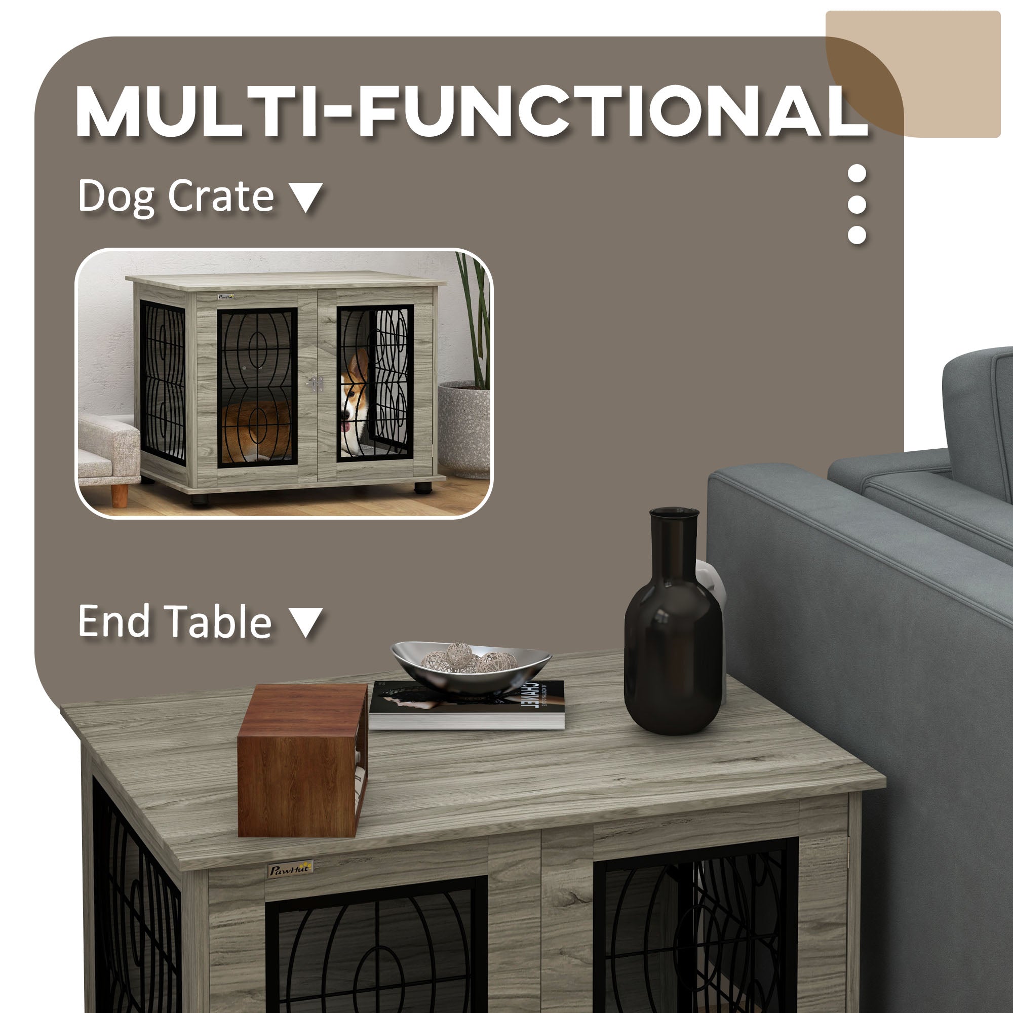 PawHut Indoor Dog Crate Furniture End Table with Soft Washable Cushion, Lockable Front Door, for Medium Dogs - Black 