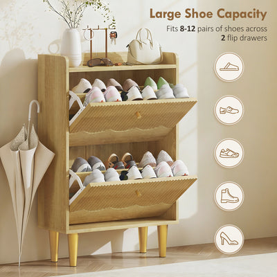 HOMCOM Narrow Shoe Cabinet, Modern Shoe Storage Cabinet with 2 Flip Drawers, Oak 