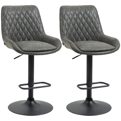 HOMCOM Retro Bar Stools Set of 2, Adjustable Kitchen Stool, Upholstered Bar Chairs with Back, Swivel Seat, Dark Grey 