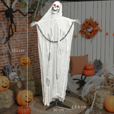 Outsunny 183 cm Life Size Halloween Animated Skeleton Grim Reaper with Glowing LED Eyes, Scary Halloween Decorations, Battery Operated, Indoor Party Props 