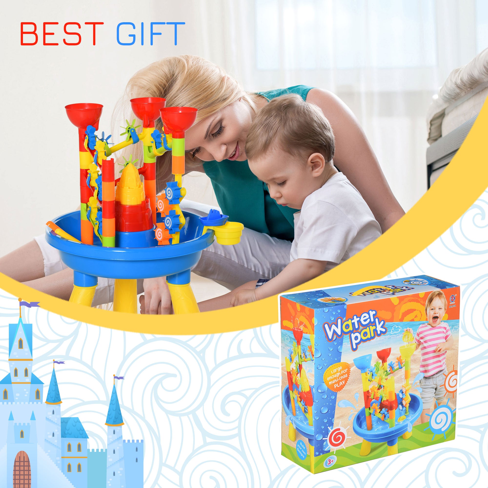 HOMCOM 30 Pcs Sand and Water Table Beach Toy Waterpark Activities Sand Pit Playset with Accessories Garden Sandbox 