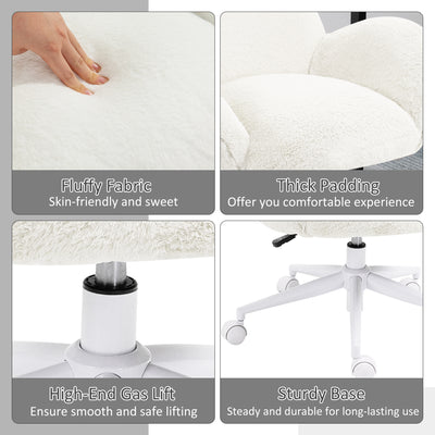 HOMCOM Makeup Vanity Chair, Cute Fluffy Desk Chair with Rolling Wheels for Bedroom Living Room, Cream White 