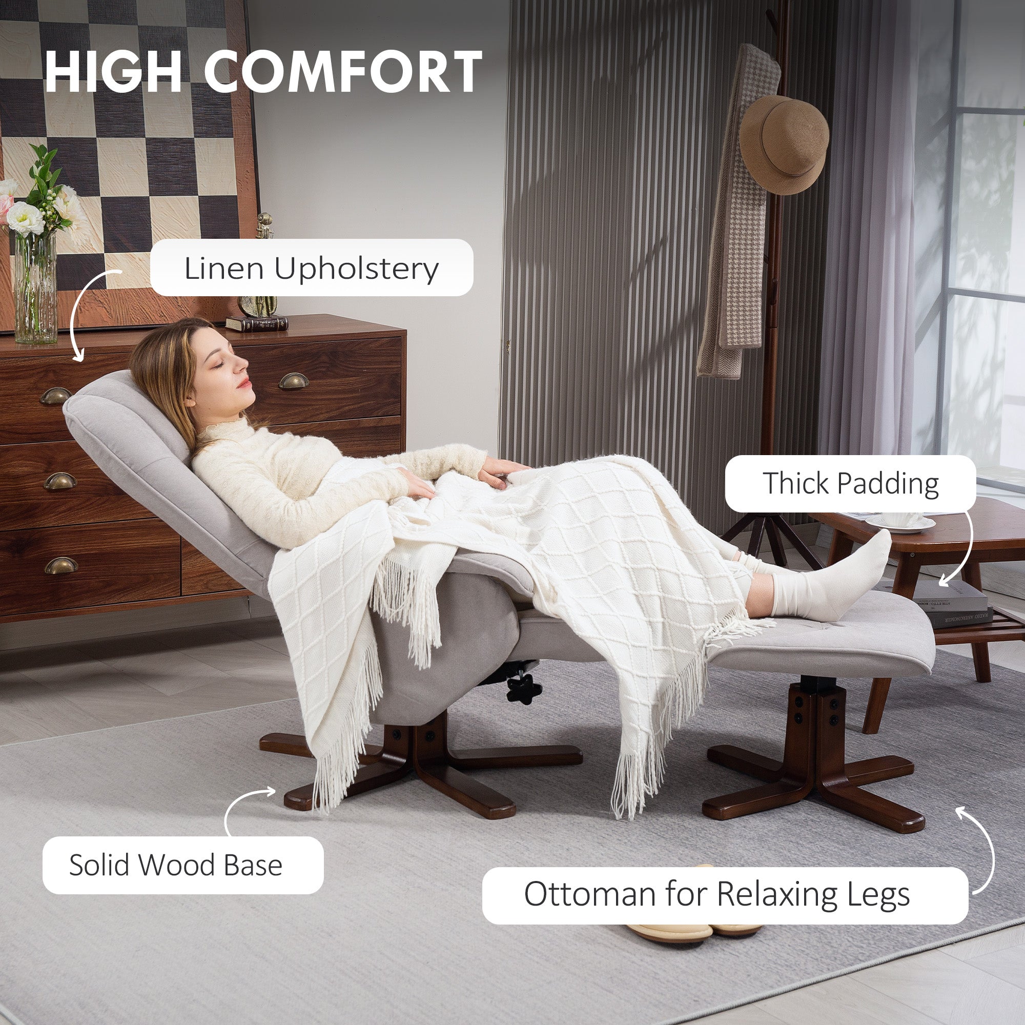 HOMCOM Linen Swivel Recliner Chair with Footstool, Upholstered Reclining Armchair with Wooden Base for Living Room, Light Grey 