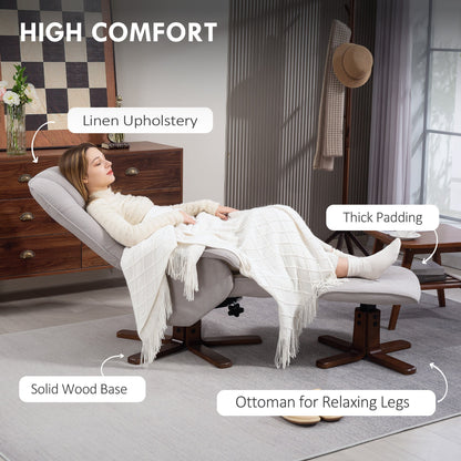 HOMCOM Linen Swivel Recliner Chair with Footstool, Upholstered Reclining Armchair with Wooden Base for Living Room, Light Grey 