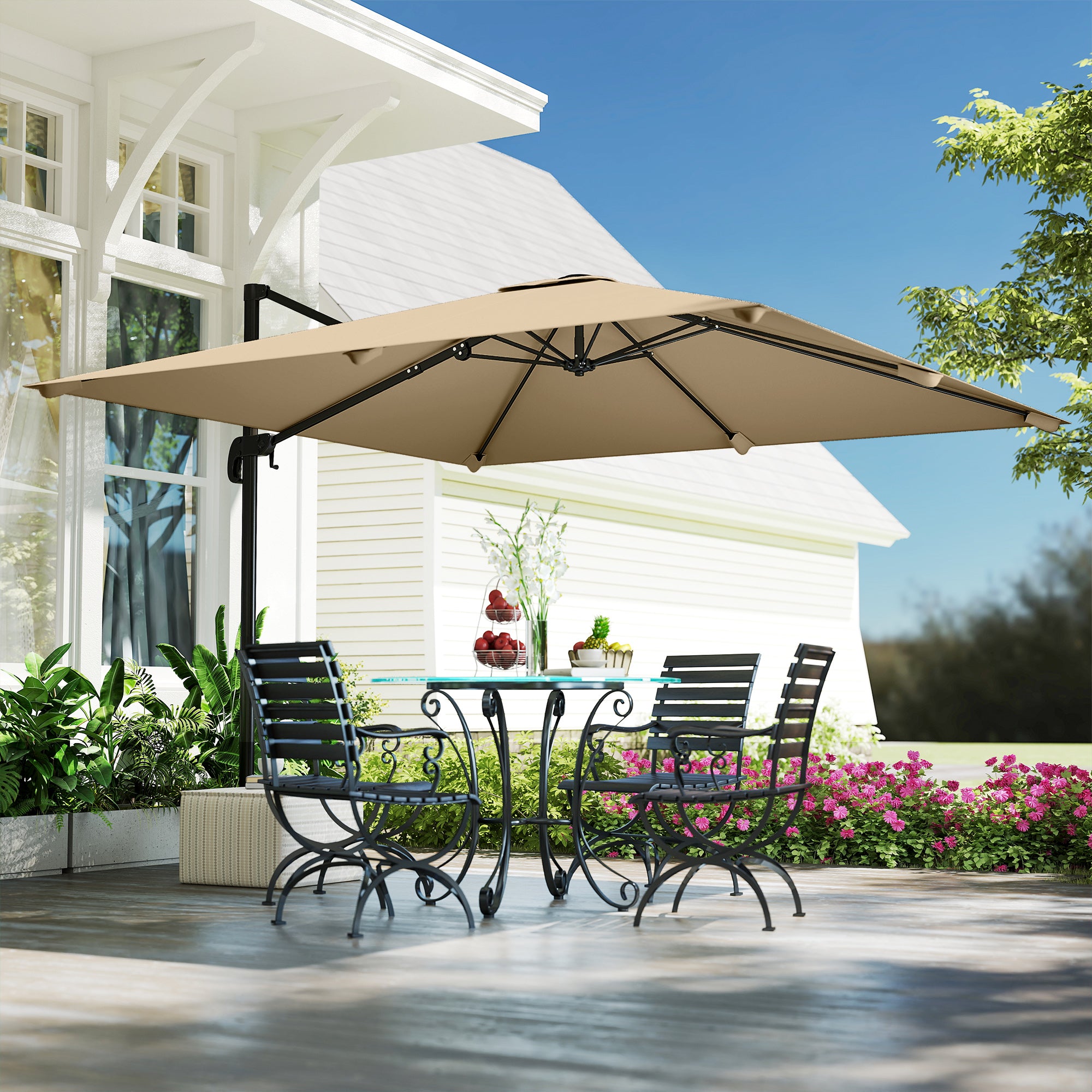 Outsunny 3 x 3 m Cantilever Parasol, Square Patio Umbrella with Crank Handle, Cross Base, Tilt, 360° Rotation, Khaki 