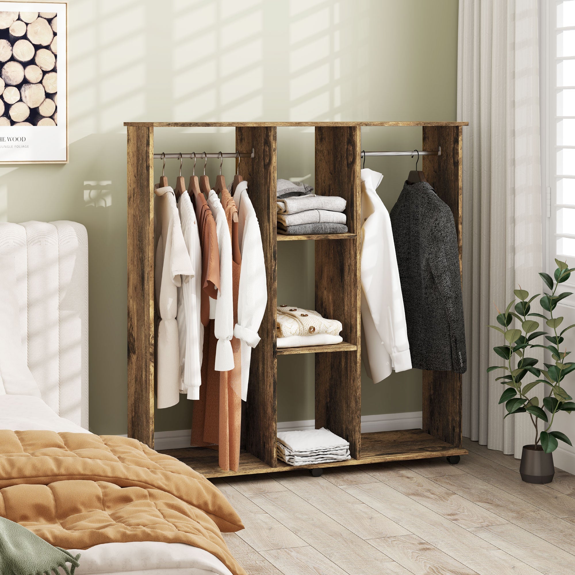 HOMCOM Open Wardrobe Double Mobile Storage Shelves Organizer W/6 Wheels-Rustic Brown 