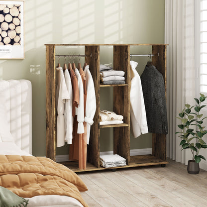 HOMCOM Open Wardrobe Double Mobile Storage Shelves Organizer W/6 Wheels-Rustic Brown 